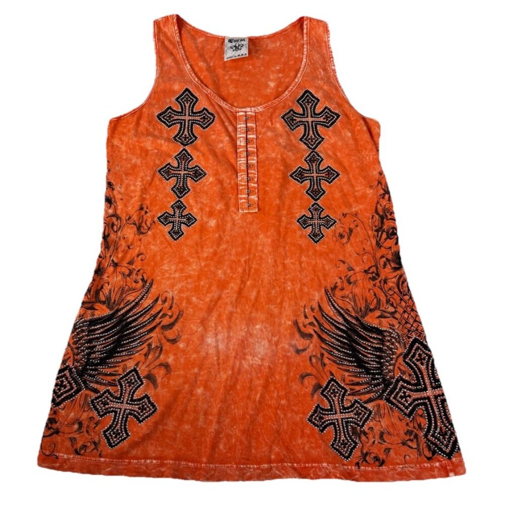 VTG Vocal XL Orange Tank USA Cross Angel Wings Bling Y2K Soft Cotton EUC